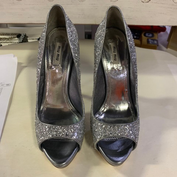 Miu Miu by Prada Glitter Peeptoe Heels, Size 10 - Picture 2 of 6